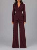 Burgundy Three Piece Wide Leg Trouser Suit