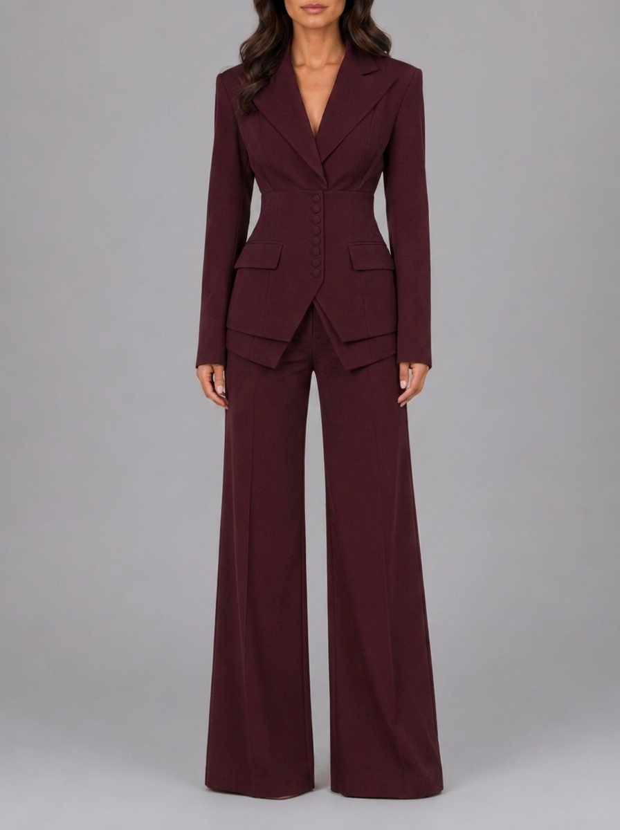 Burgundy Three Piece Wide Leg Trouser Suit