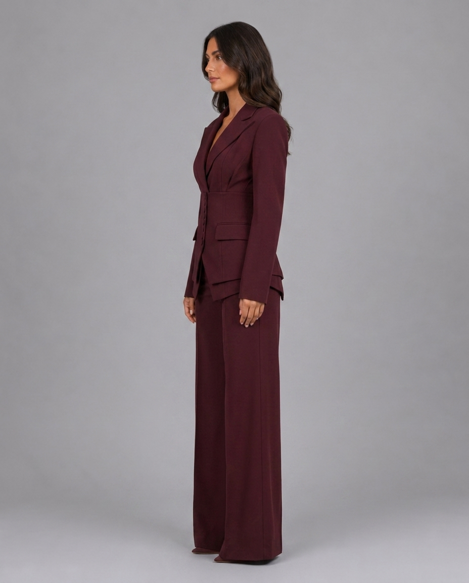 Burgundy Three Piece Wide Leg Trouser Suit