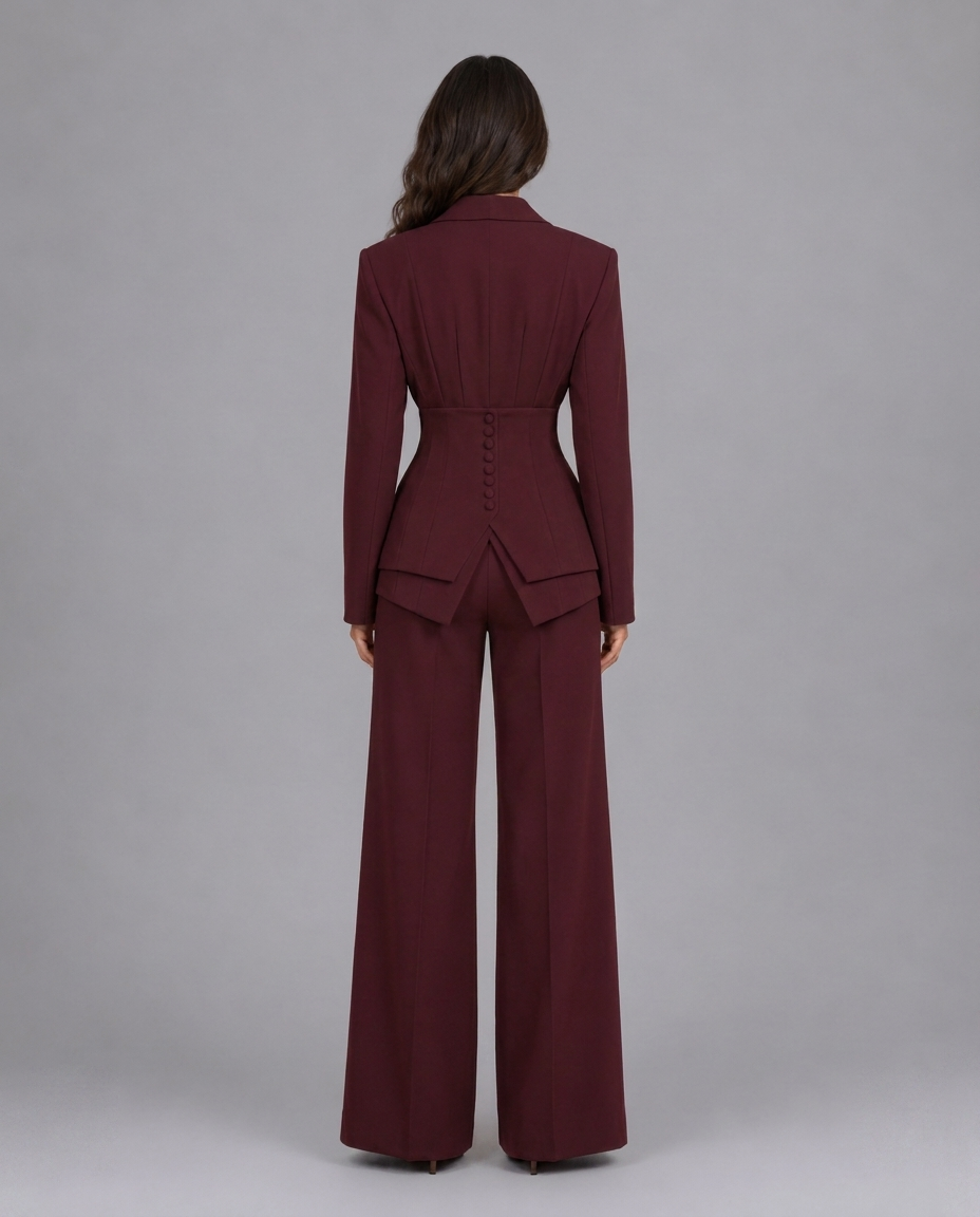 Burgundy Three Piece Wide Leg Trouser Suit