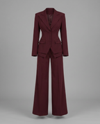 Burgundy Three Piece Wide Leg Trouser Suit
