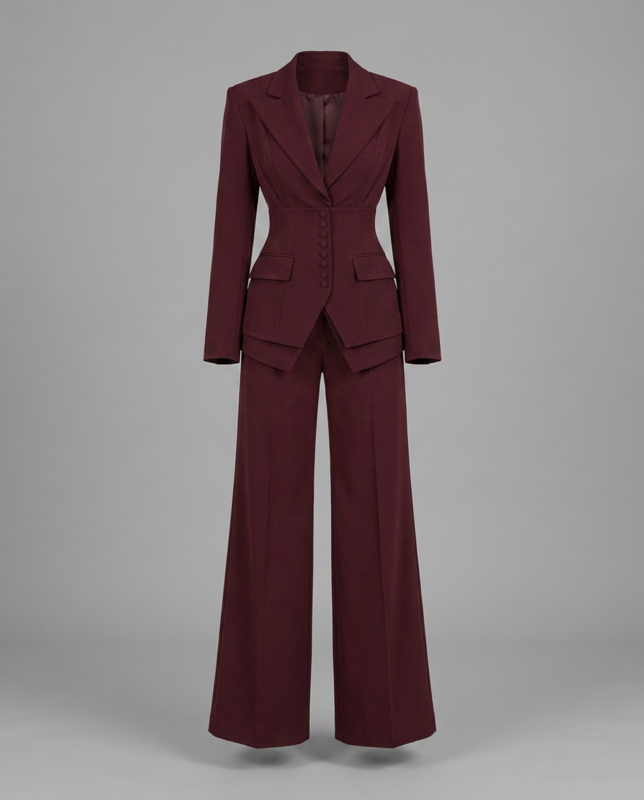 Burgundy Three Piece Wide Leg Trouser Suit