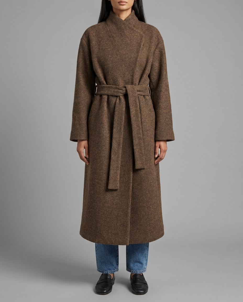 Brown Wool Blend Belted Wrap Coat