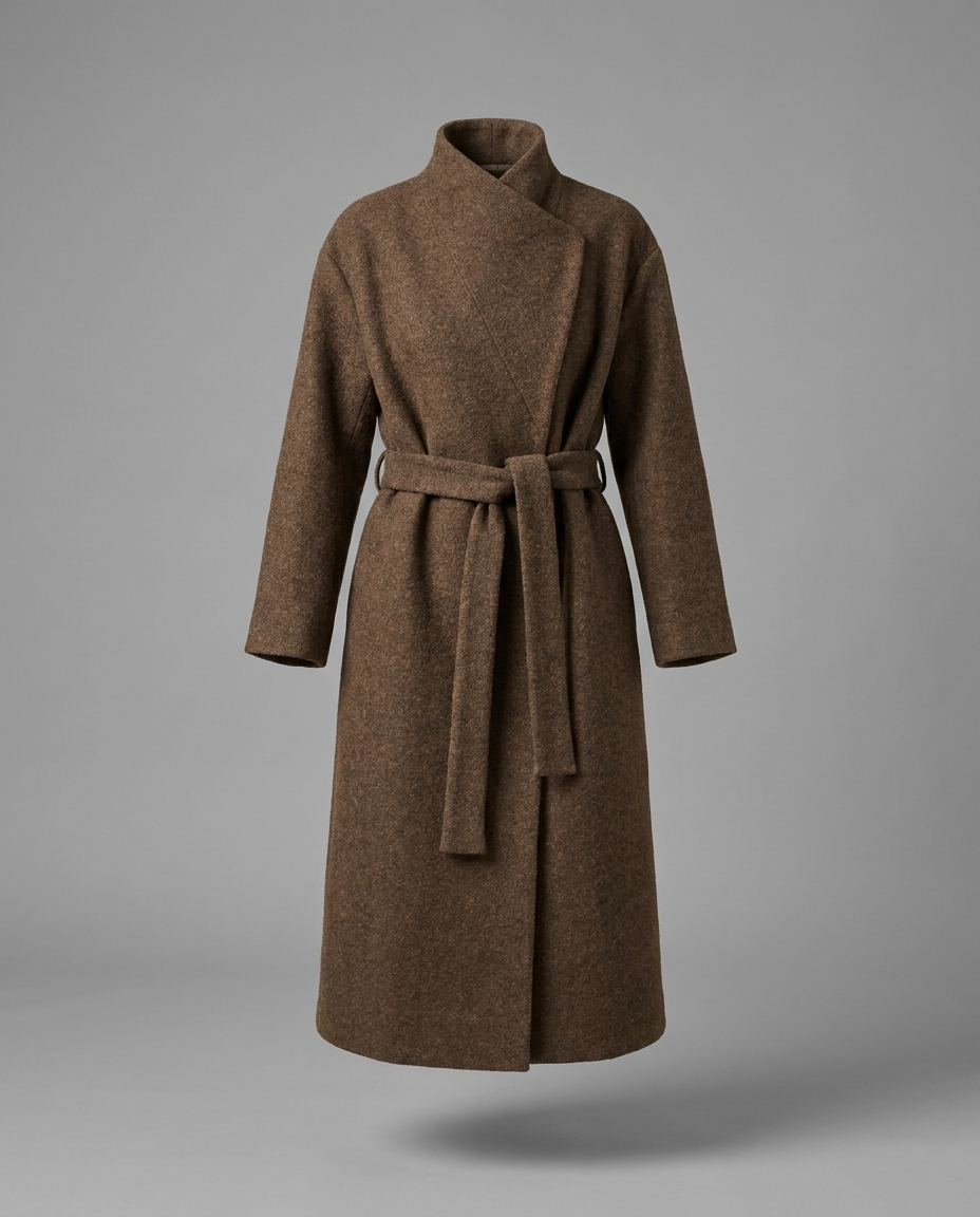 Brown Wool Blend Belted Wrap Coat
