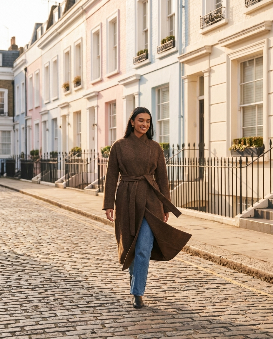 Brown Wool Blend Belted Wrap Coat