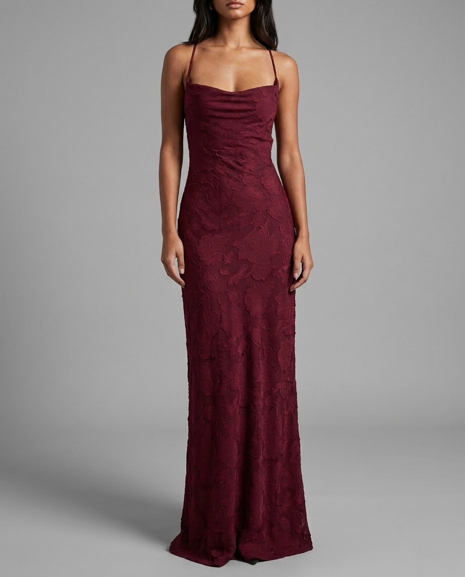 Burgundy Floral Jacquard Cowl Neck Maxi Dress