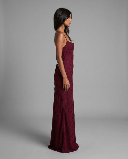 Burgundy Floral Jacquard Cowl Neck Maxi Dress