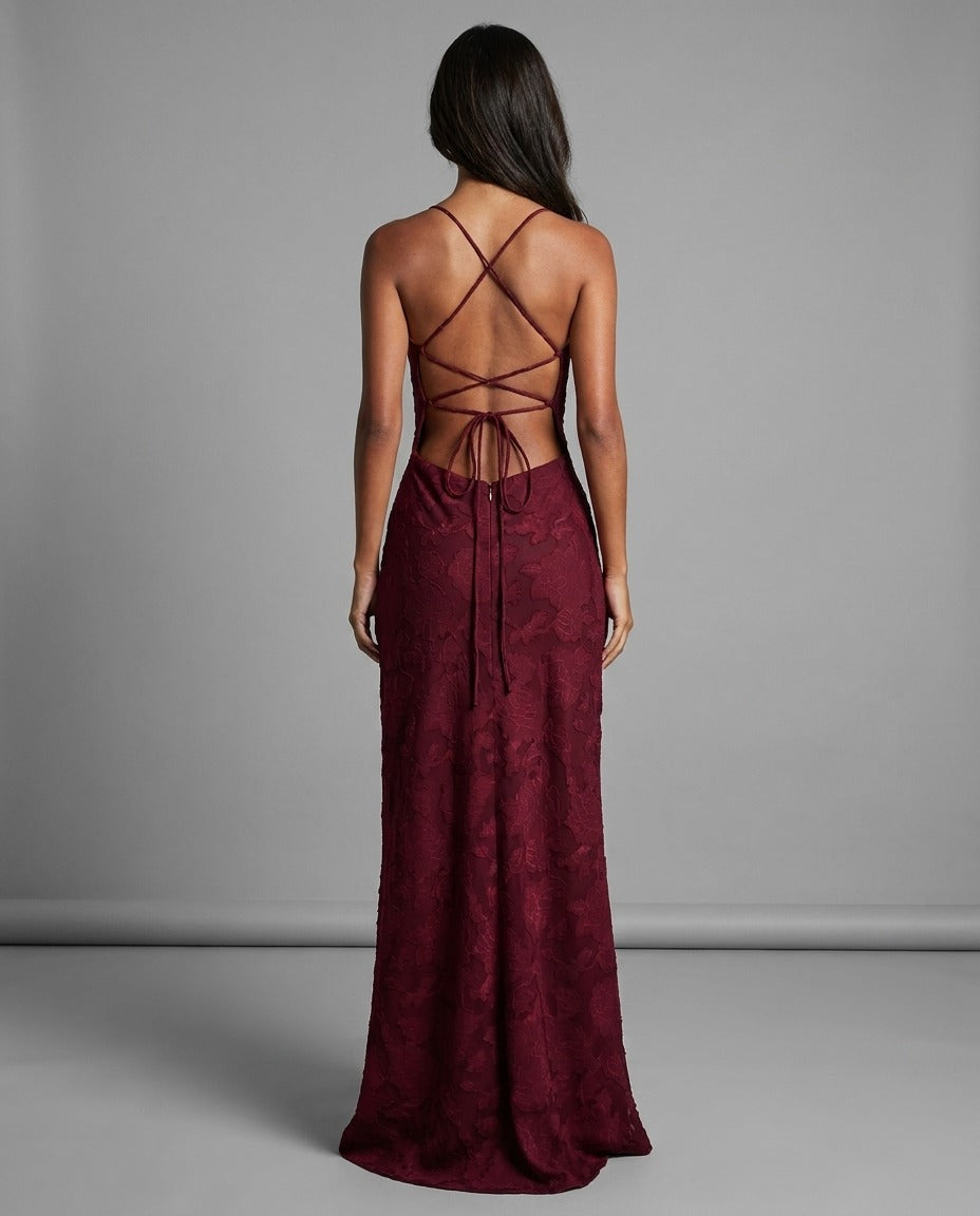 Burgundy Floral Jacquard Cowl Neck Maxi Dress