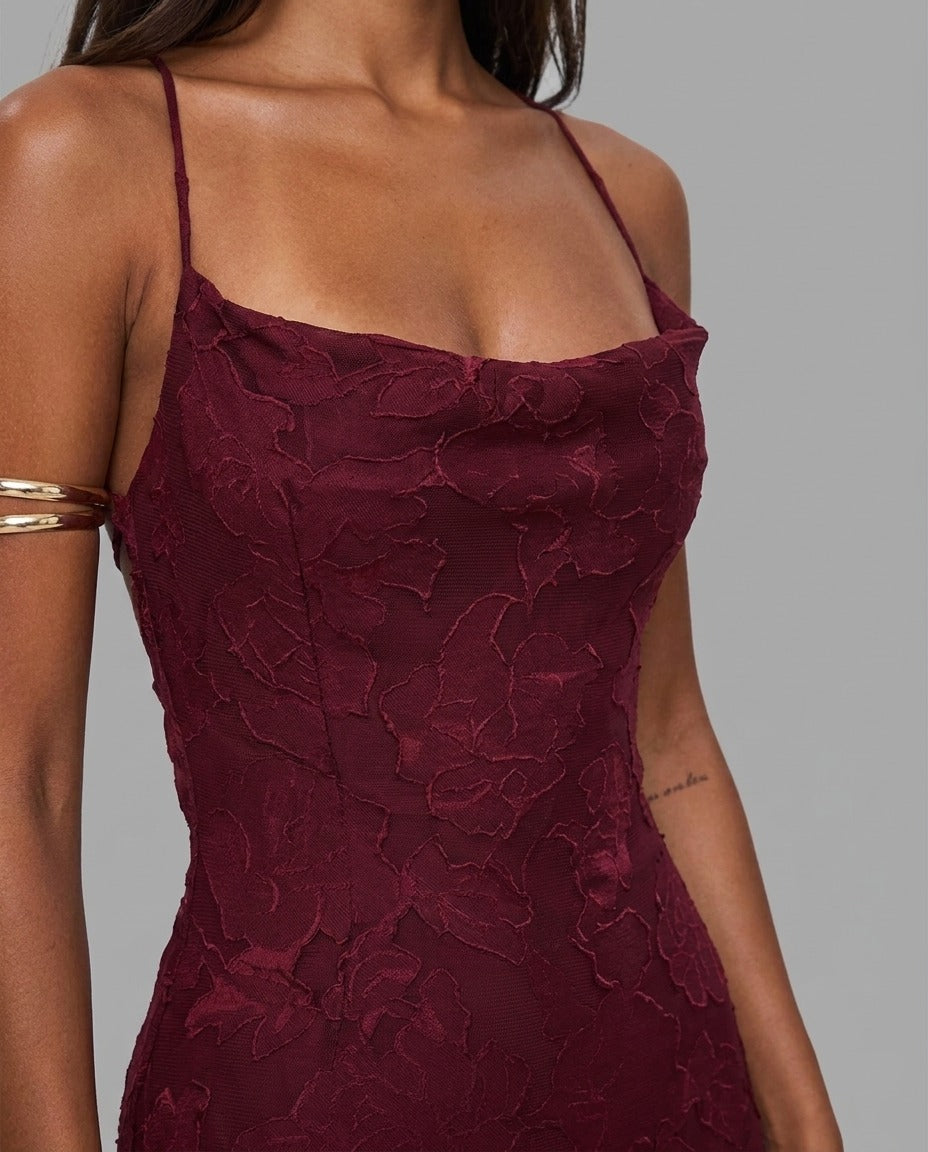 Burgundy Floral Jacquard Cowl Neck Maxi Dress
