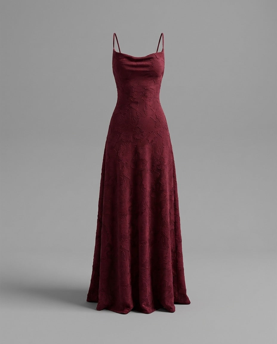 Burgundy Floral Jacquard Cowl Neck Maxi Dress