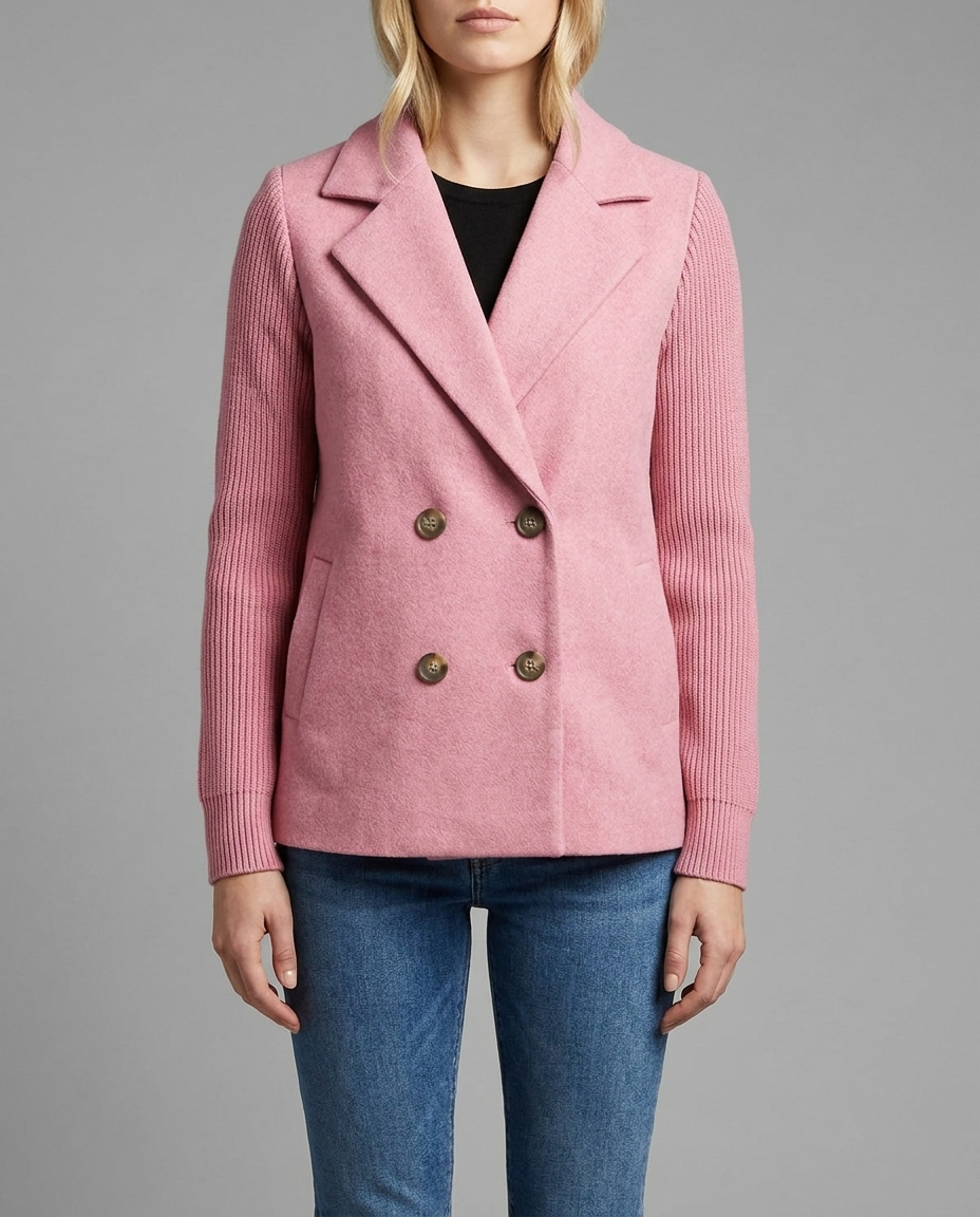 Pink Wool Blend Double Breasted Knitted Sleeve Jacket