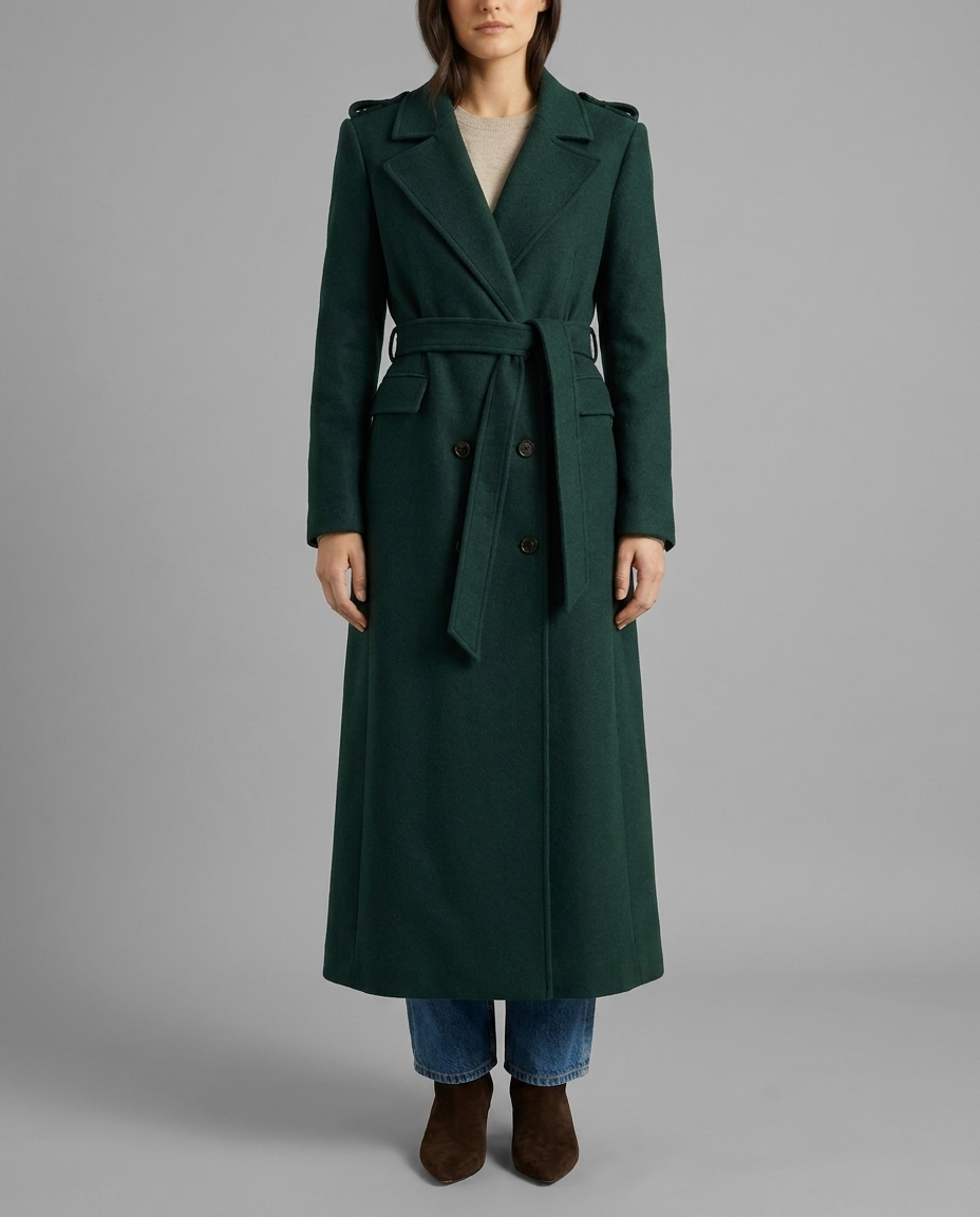 Green Wool Blend Belted Maxi Coat