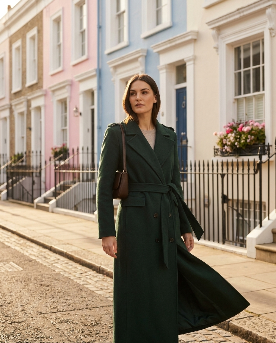 Green Wool Blend Belted Maxi Coat