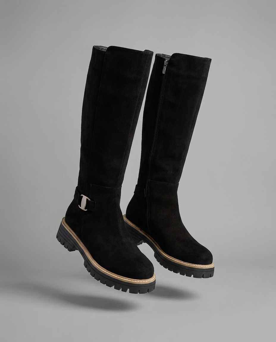 Black Suede Knee High Chunky Boots