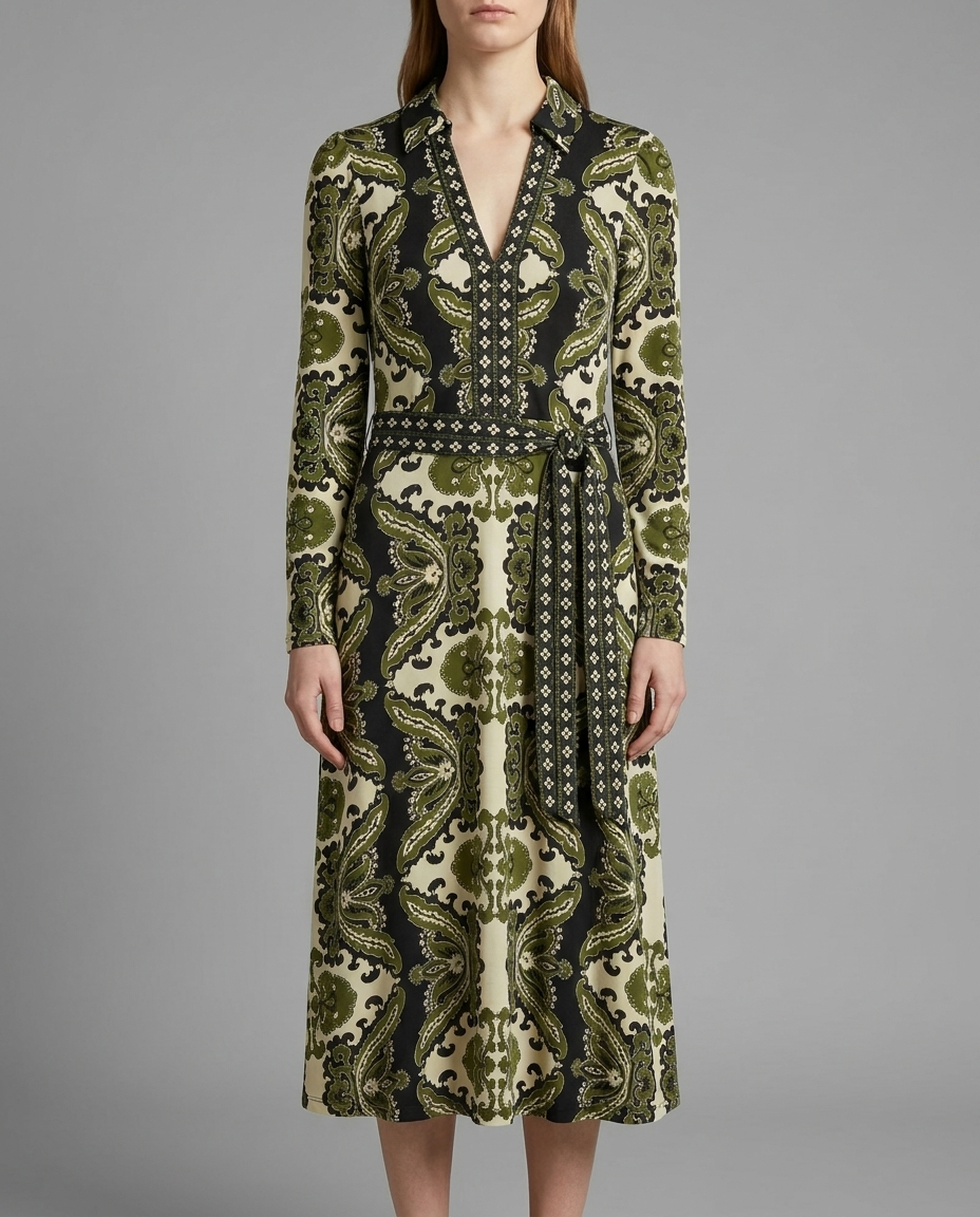 Green Paisley Print Jersey Midi Dress