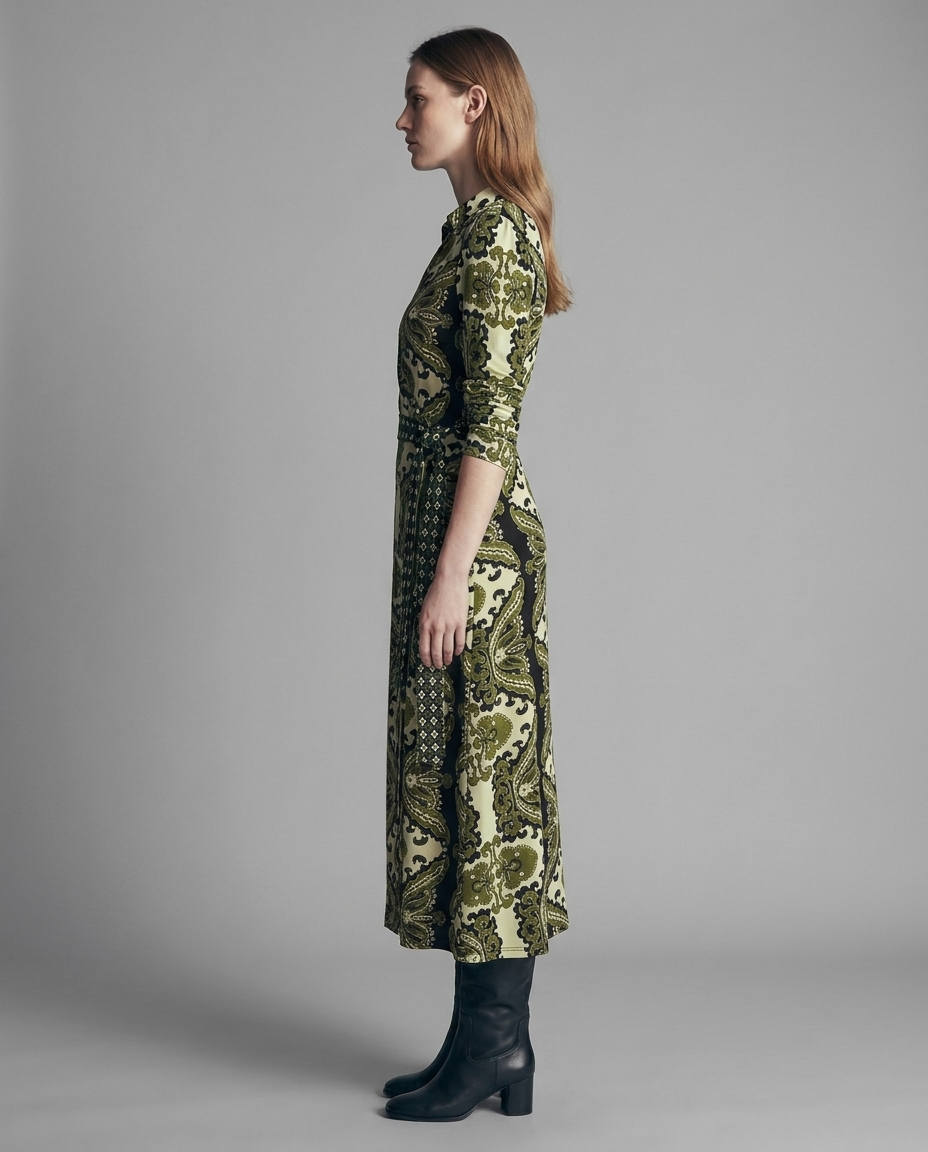 Green Paisley Print Jersey Midi Dress