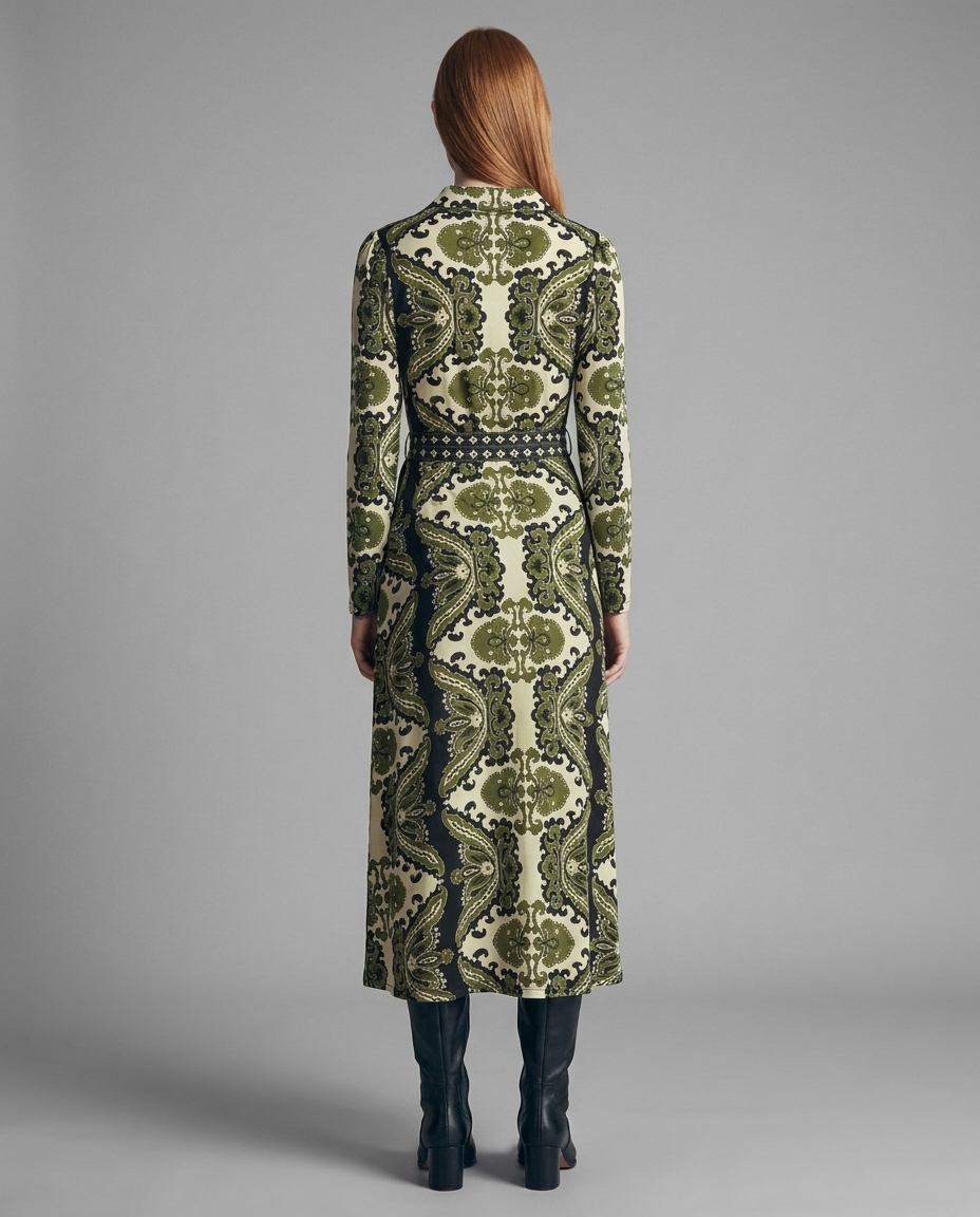Green Paisley Print Jersey Midi Dress