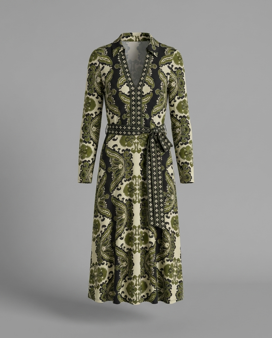 Green Paisley Print Jersey Midi Dress