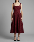 Burgundy Textured Jacquard Square Neck Midi Dress