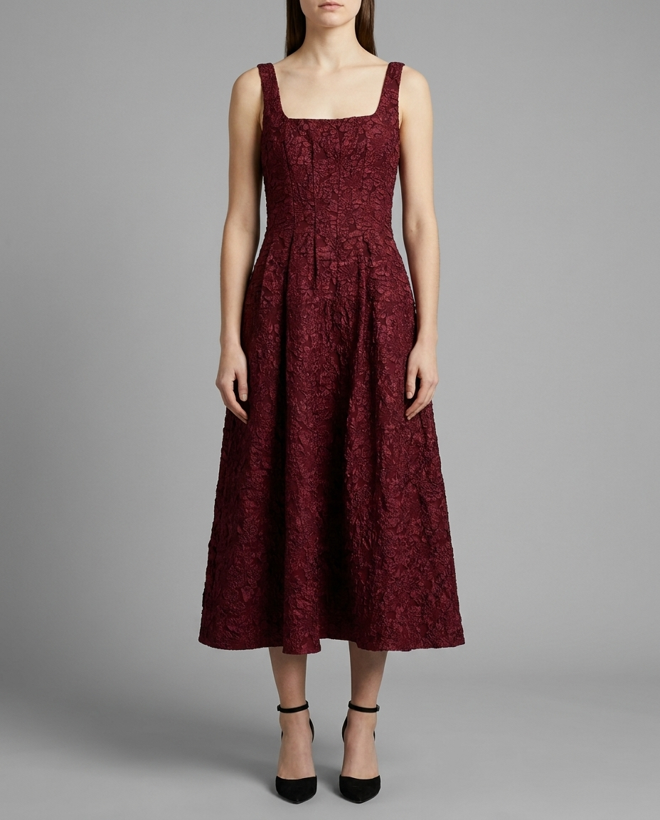 Burgundy Textured Jacquard Square Neck Midi Dress