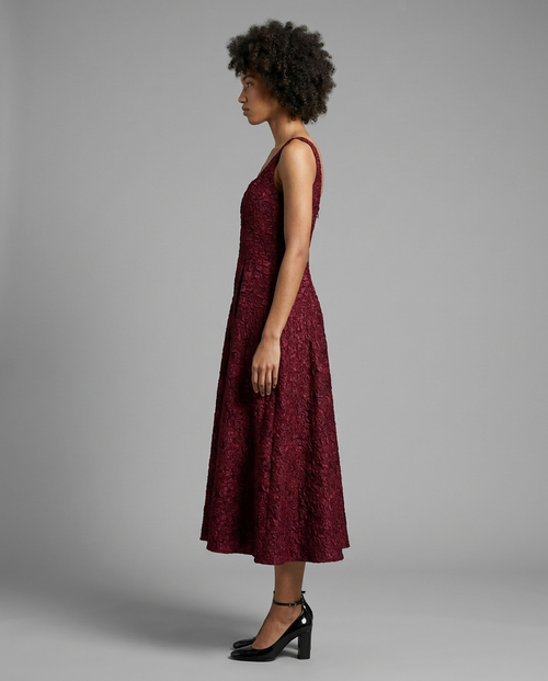 Burgundy Textured Jacquard Square Neck Midi Dress
