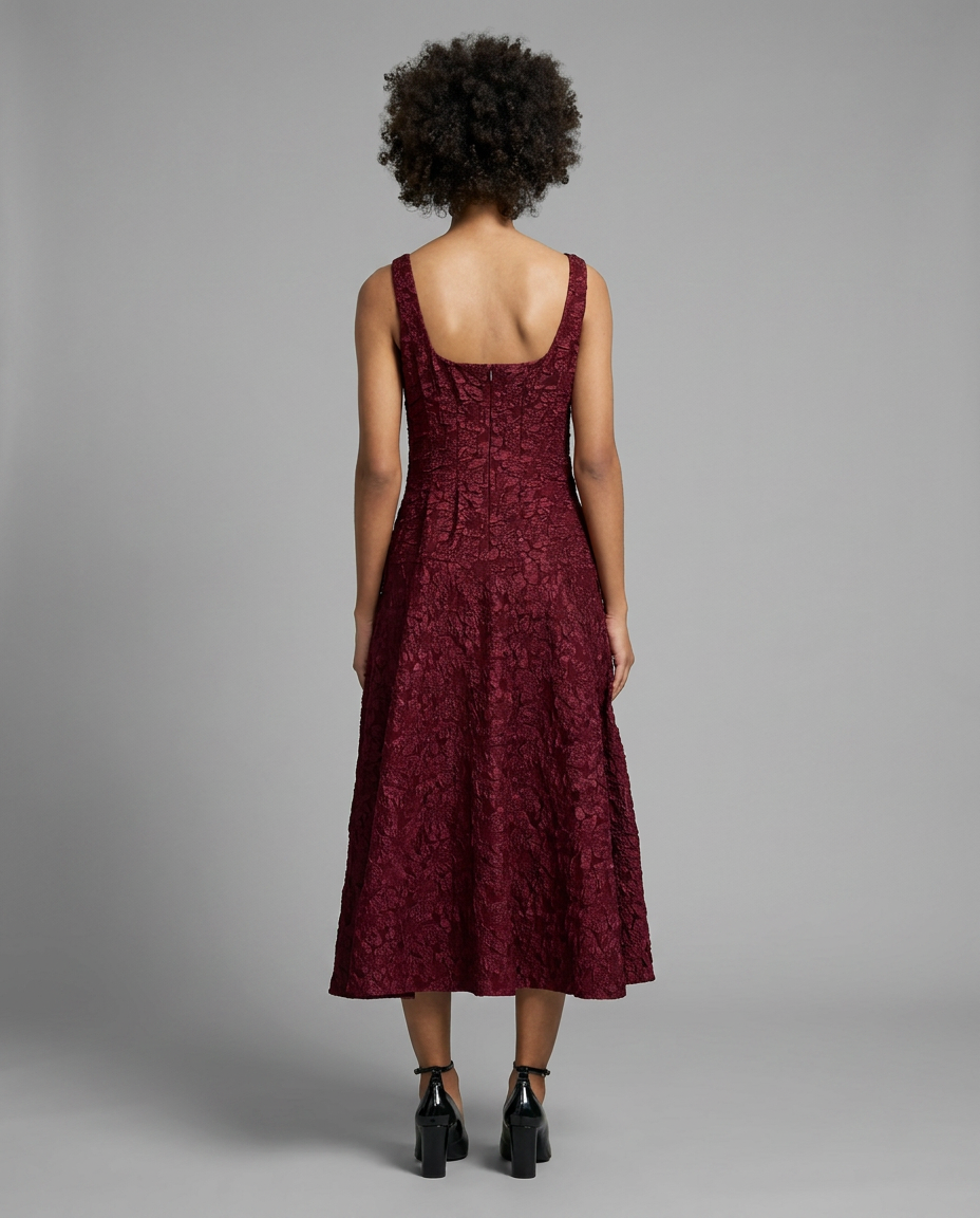 Burgundy Textured Jacquard Square Neck Midi Dress