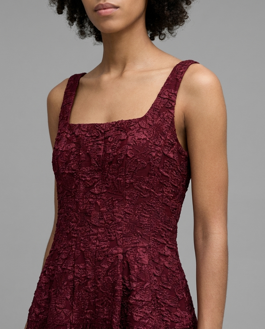 Burgundy Textured Jacquard Square Neck Midi Dress