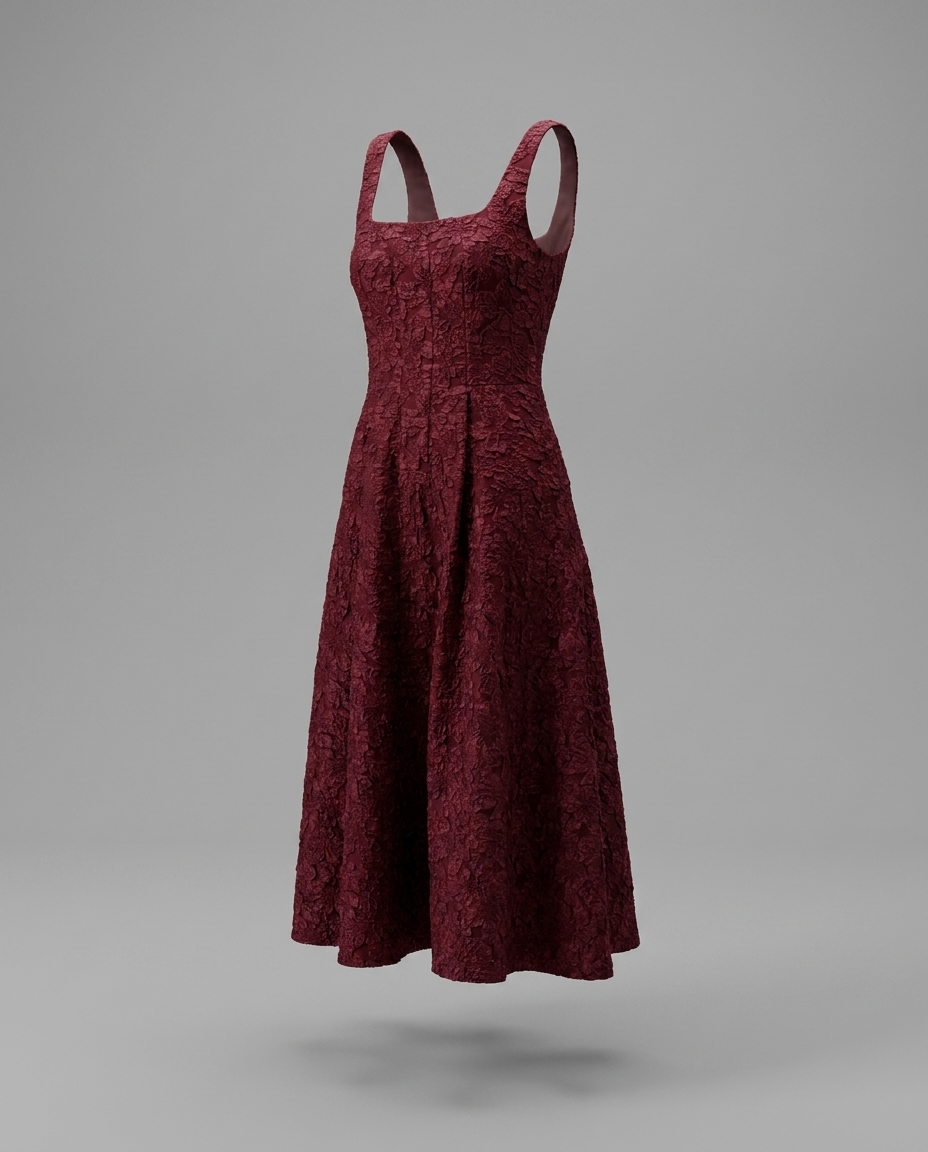 Burgundy Textured Jacquard Square Neck Midi Dress