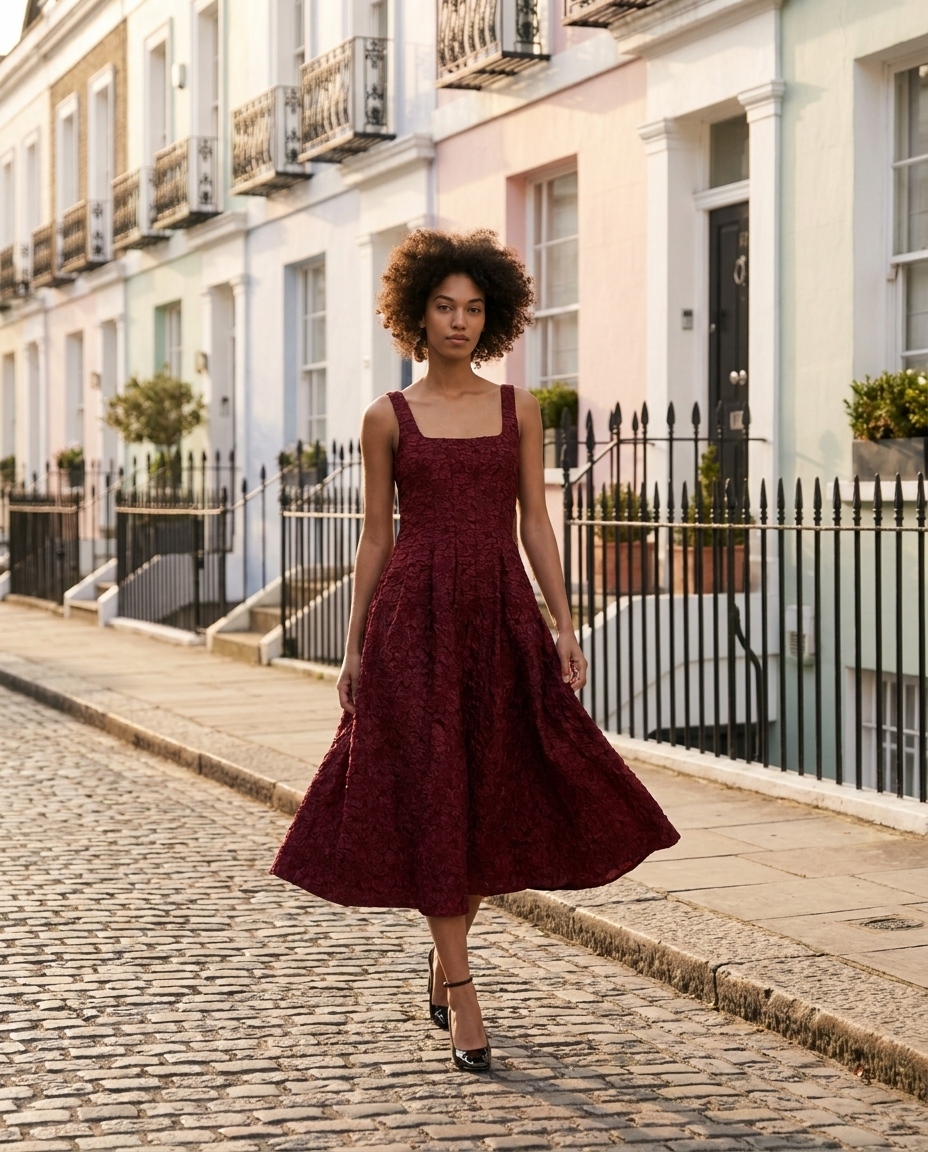 Burgundy Textured Jacquard Square Neck Midi Dress