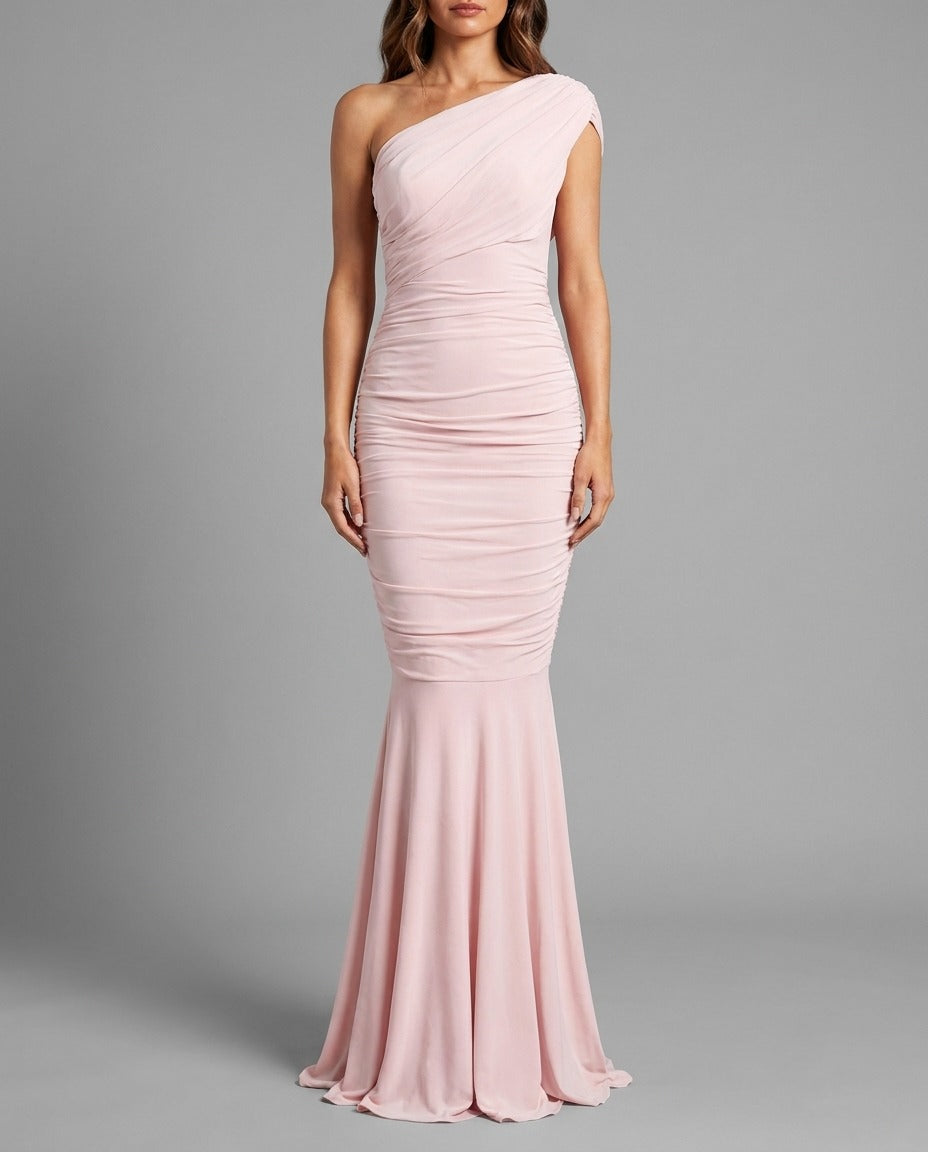 Pink One Shoulder Fishtail Maxi Dress