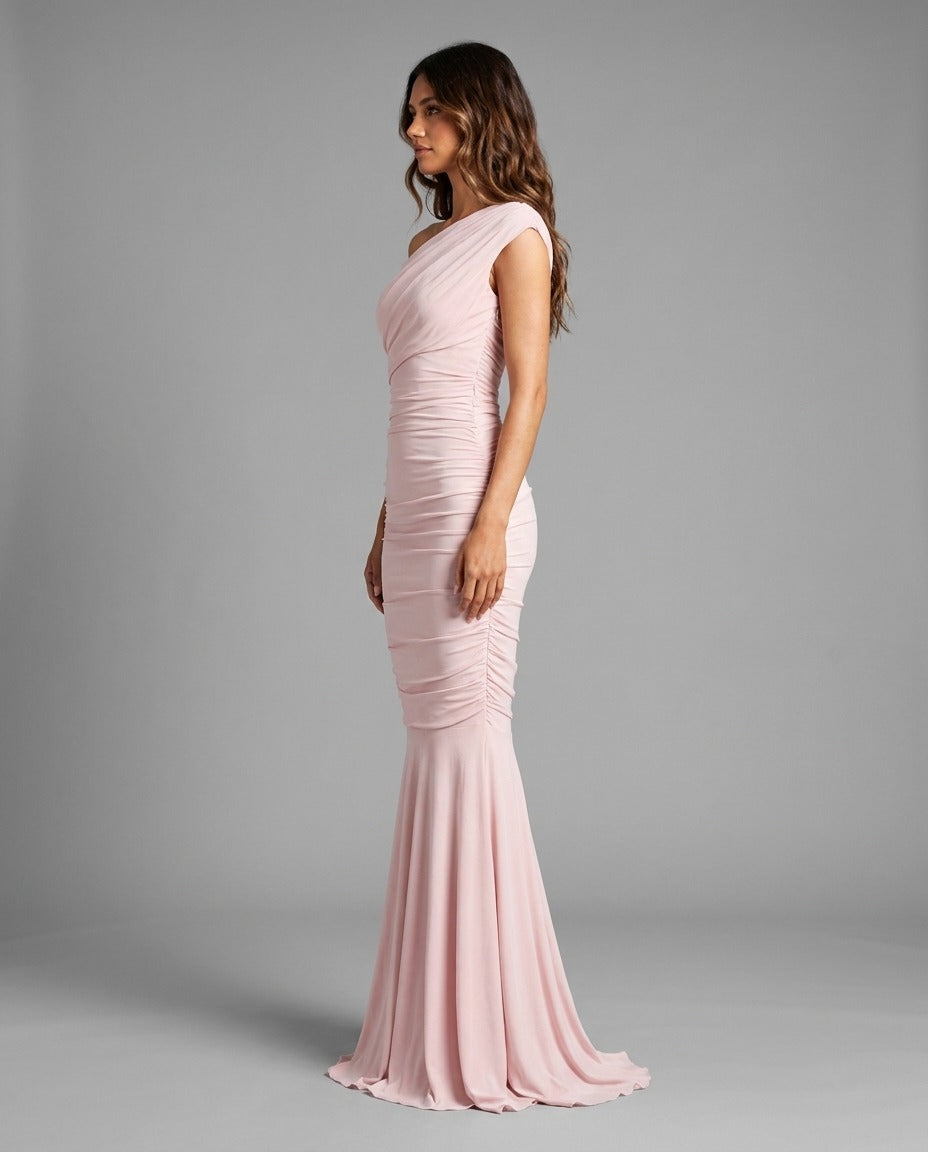 Pink One Shoulder Fishtail Maxi Dress