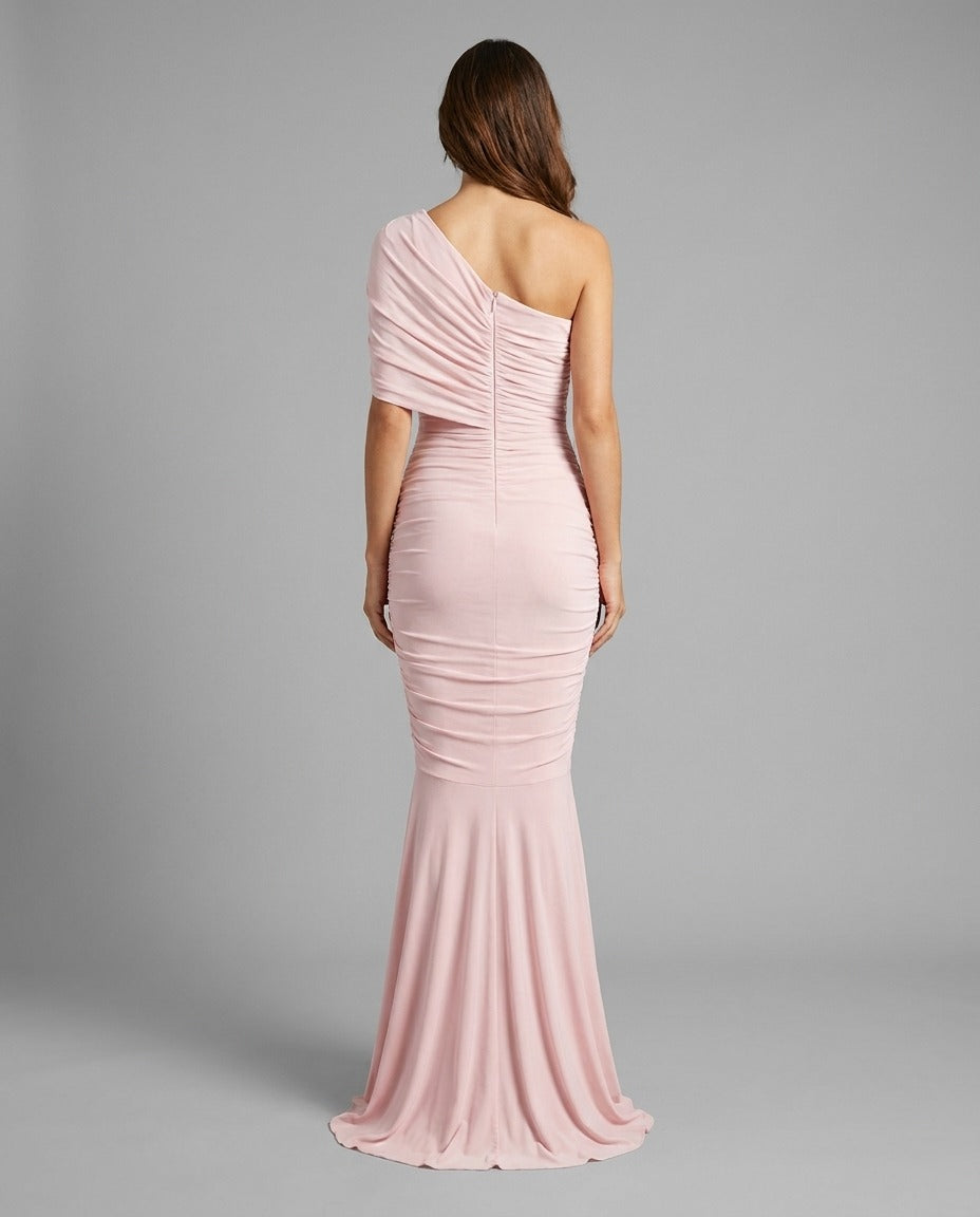 Pink One Shoulder Fishtail Maxi Dress