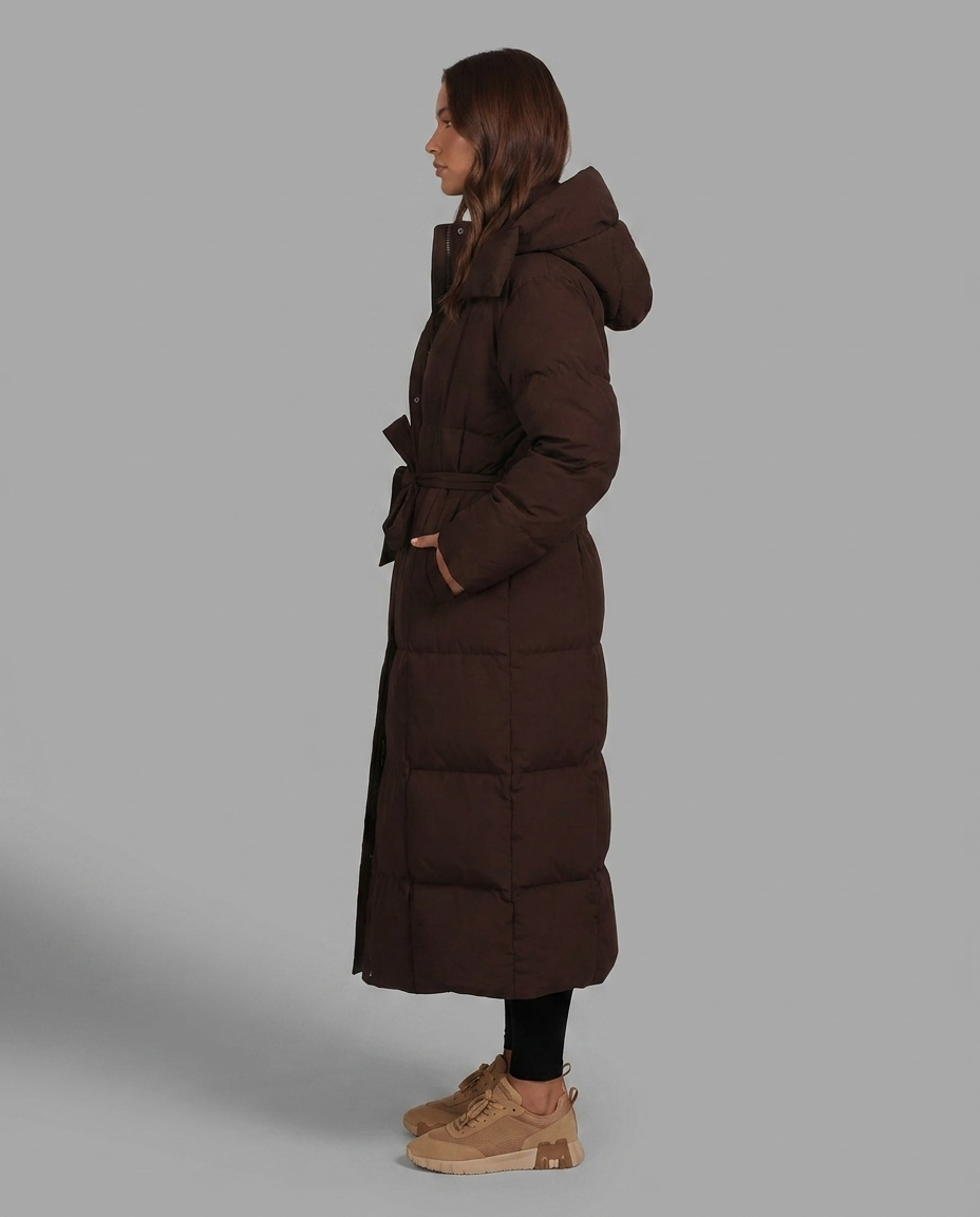 Chocolate Brown Longline Hooded Puffer Coat