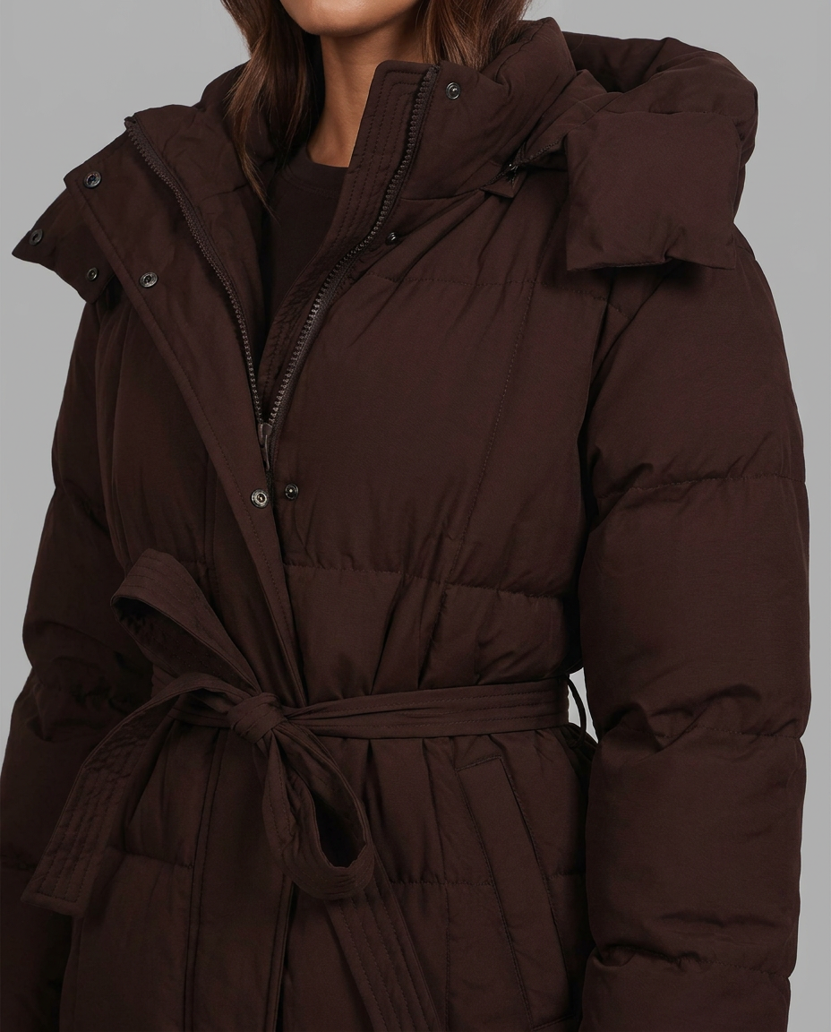 Chocolate Brown Longline Hooded Puffer Coat