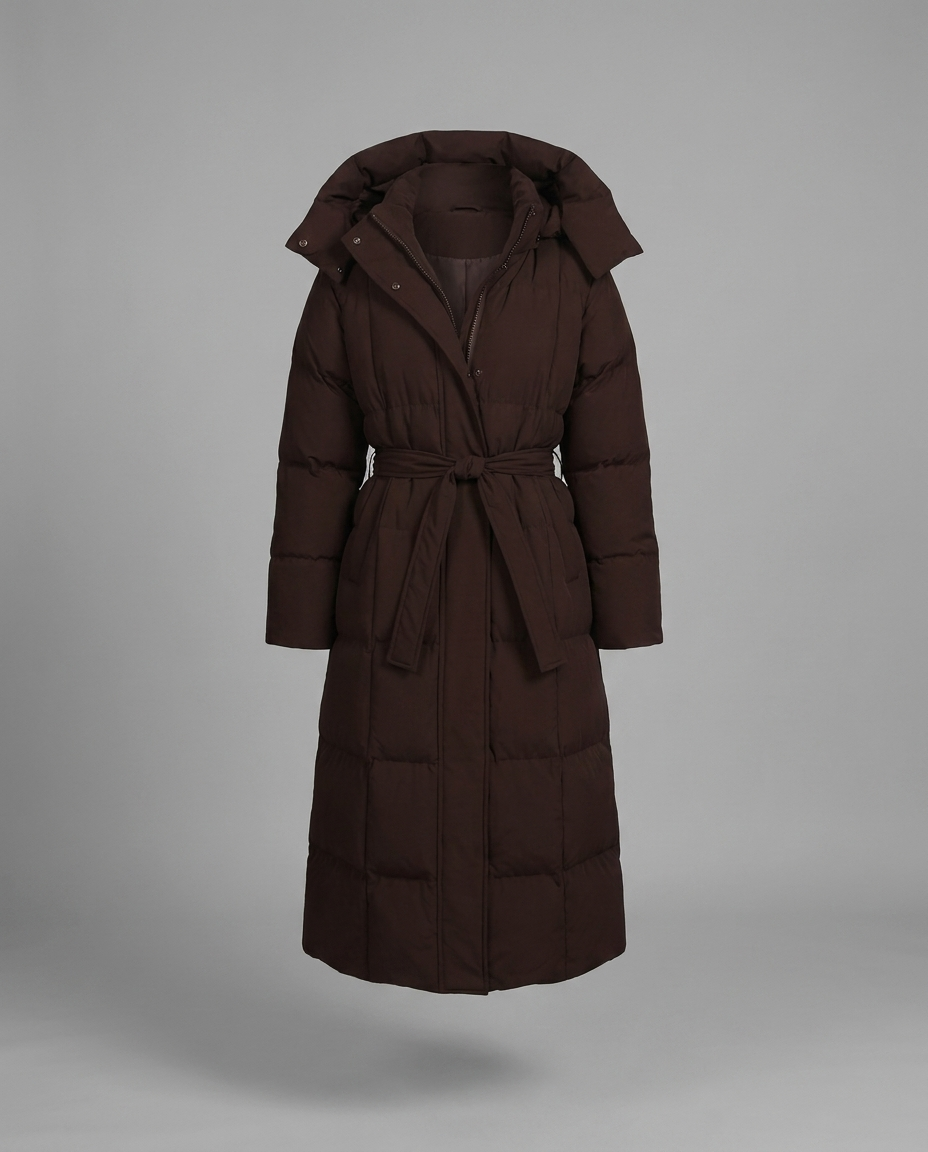 Chocolate Brown Longline Hooded Puffer Coat