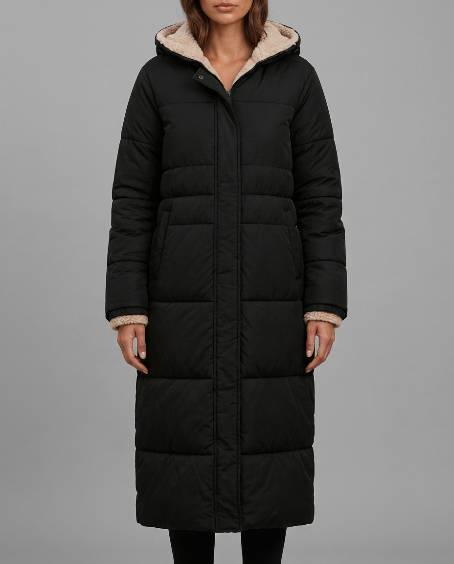 Black Longline Borg Lined Hooded Puffer Coat