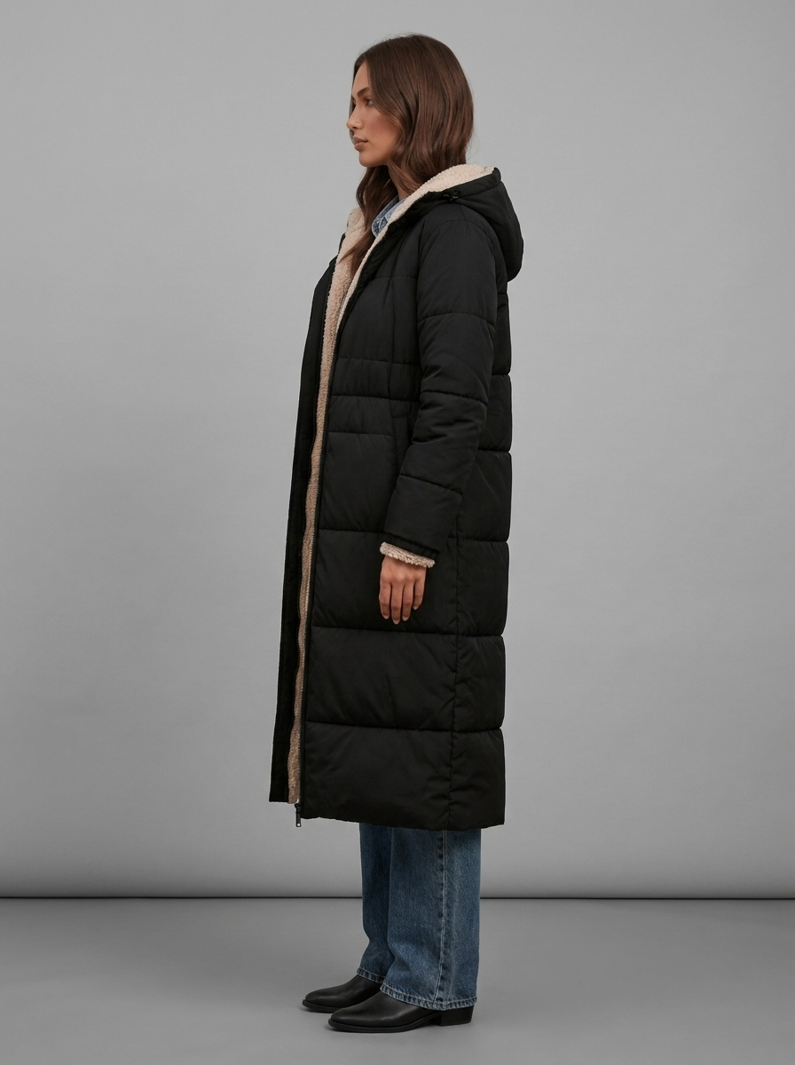 Black Longline Borg Lined Hooded Puffer Coat