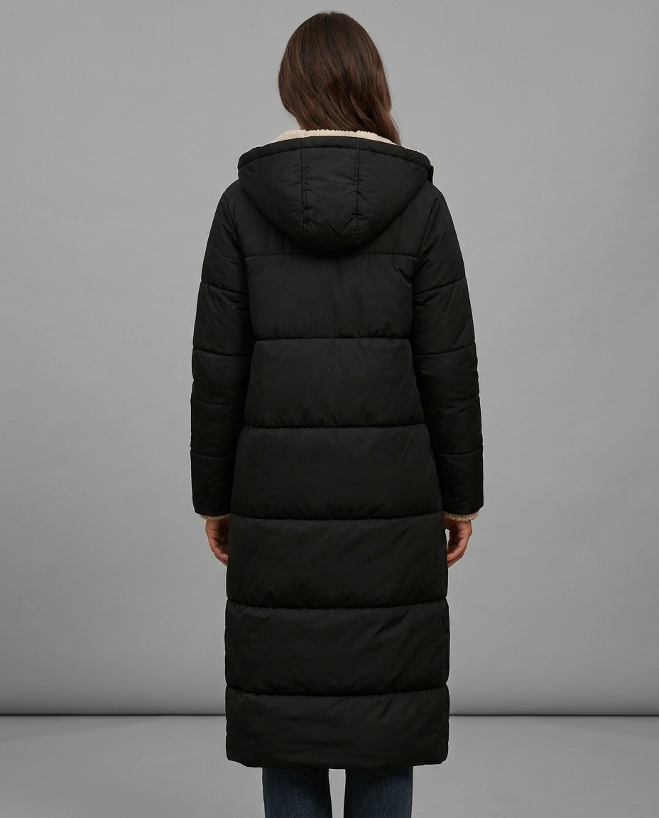 Black Longline Borg Lined Hooded Puffer Coat