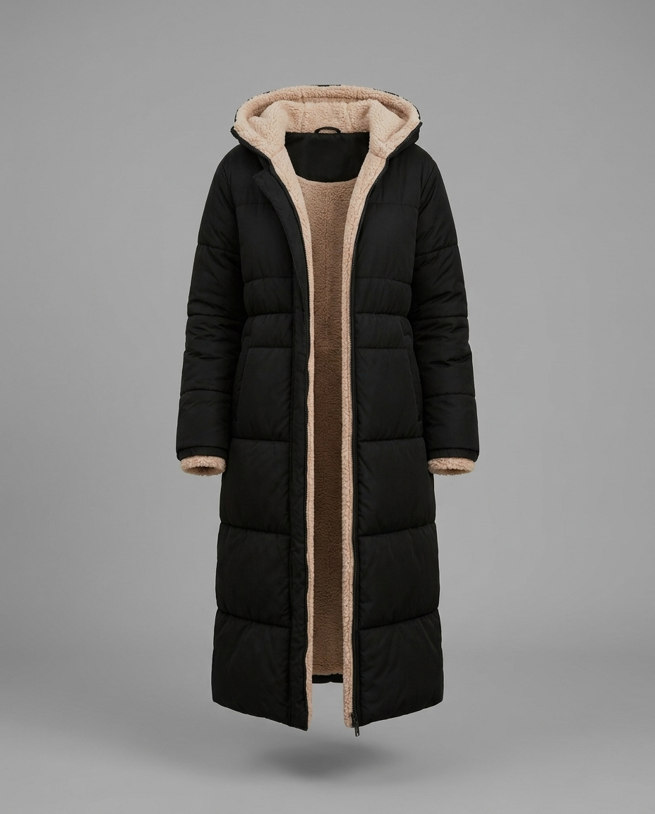 Black Longline Borg Lined Hooded Puffer Coat