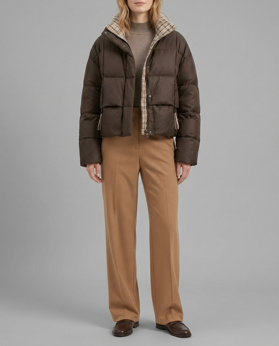 Chocolate Brown Cropped Reversible Puffer Jacket
