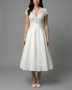 Ivory Lace Tea Length Vintage Wedding Dress