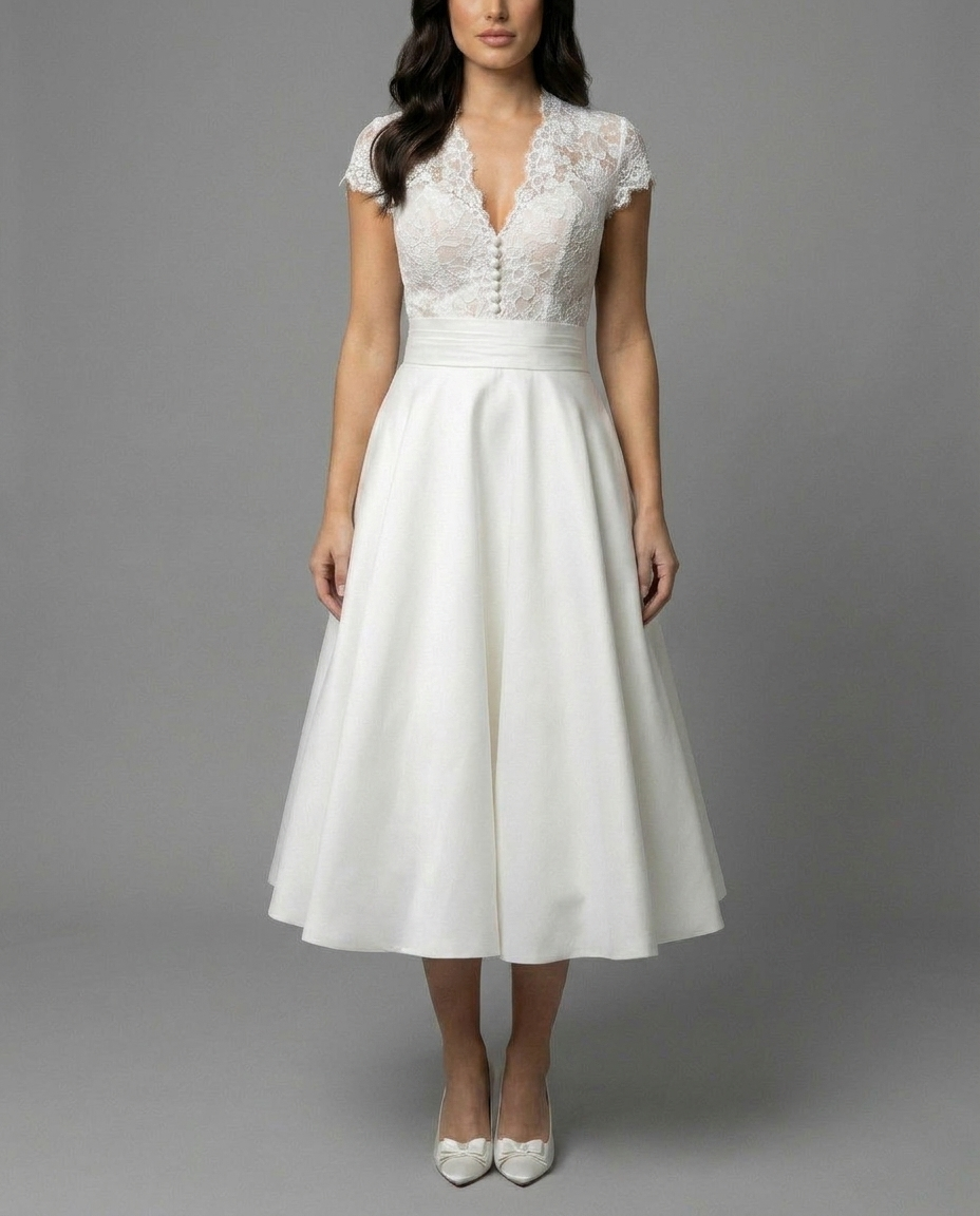 Ivory Lace Tea Length Vintage Wedding Dress