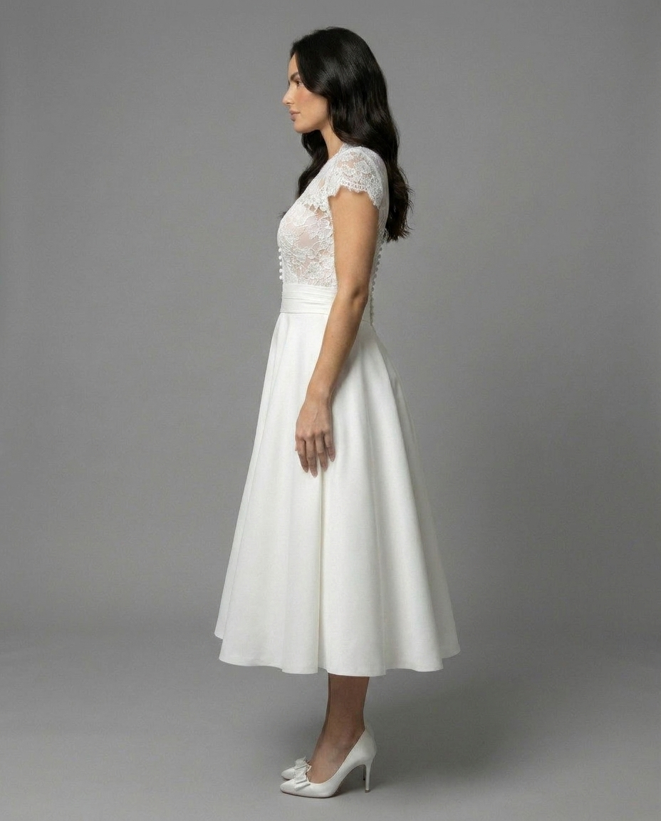 Ivory Lace Tea Length Vintage Wedding Dress