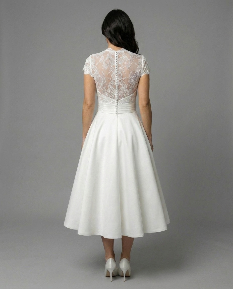 Ivory Lace Tea Length Vintage Wedding Dress