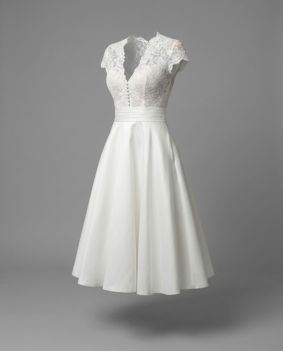 Ivory Lace Tea Length Vintage Wedding Dress