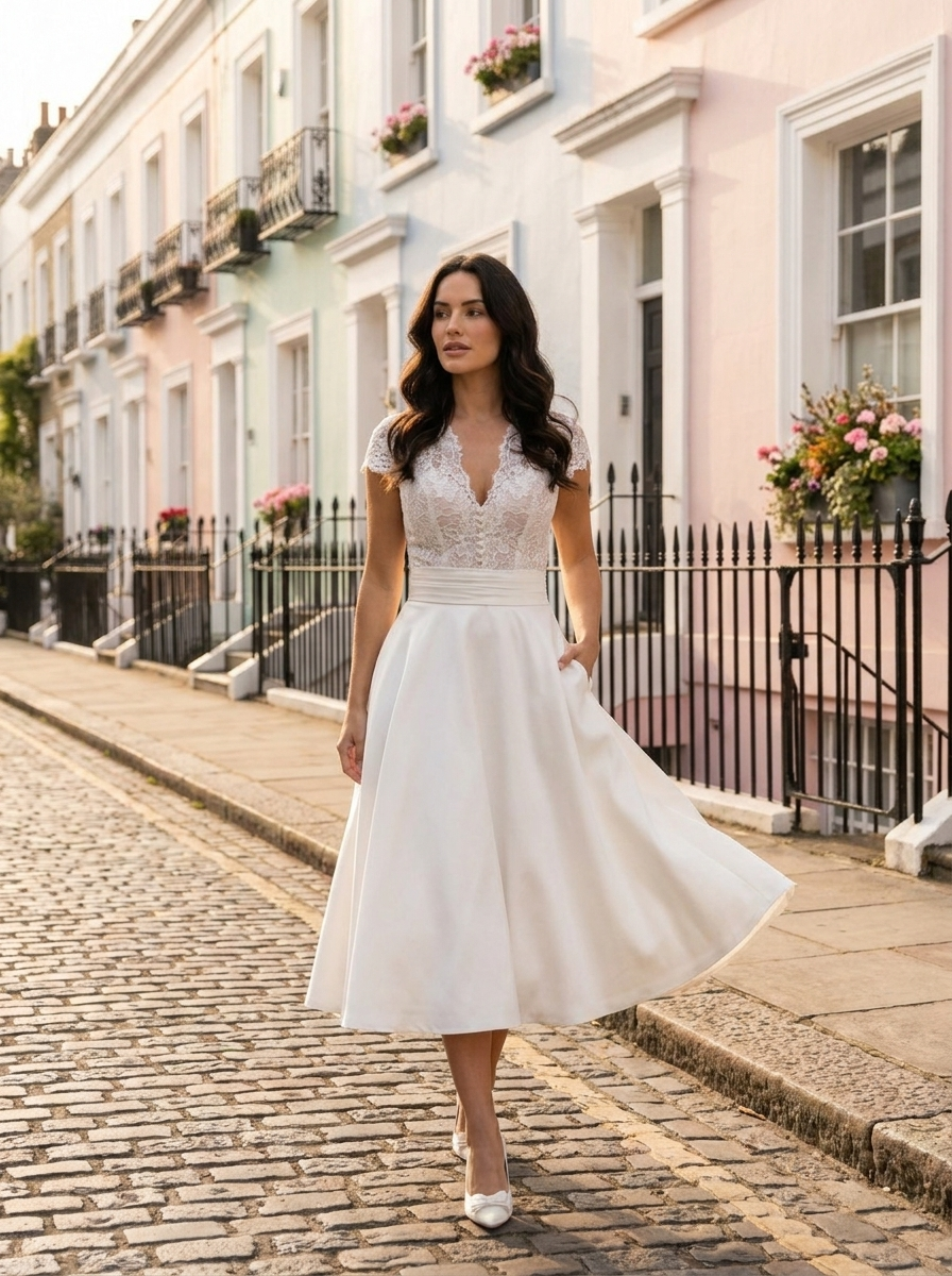 Ivory Lace Tea Length Vintage Wedding Dress