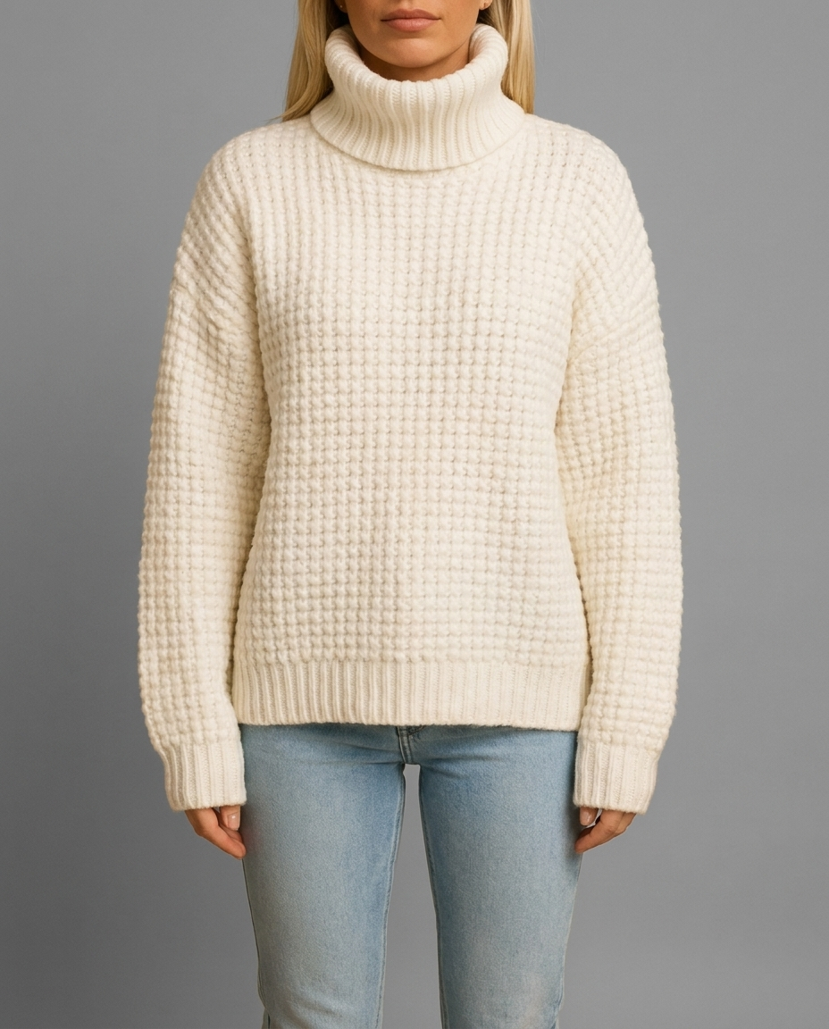 Cream Chunky Waffle Knit Roll Neck Jumper